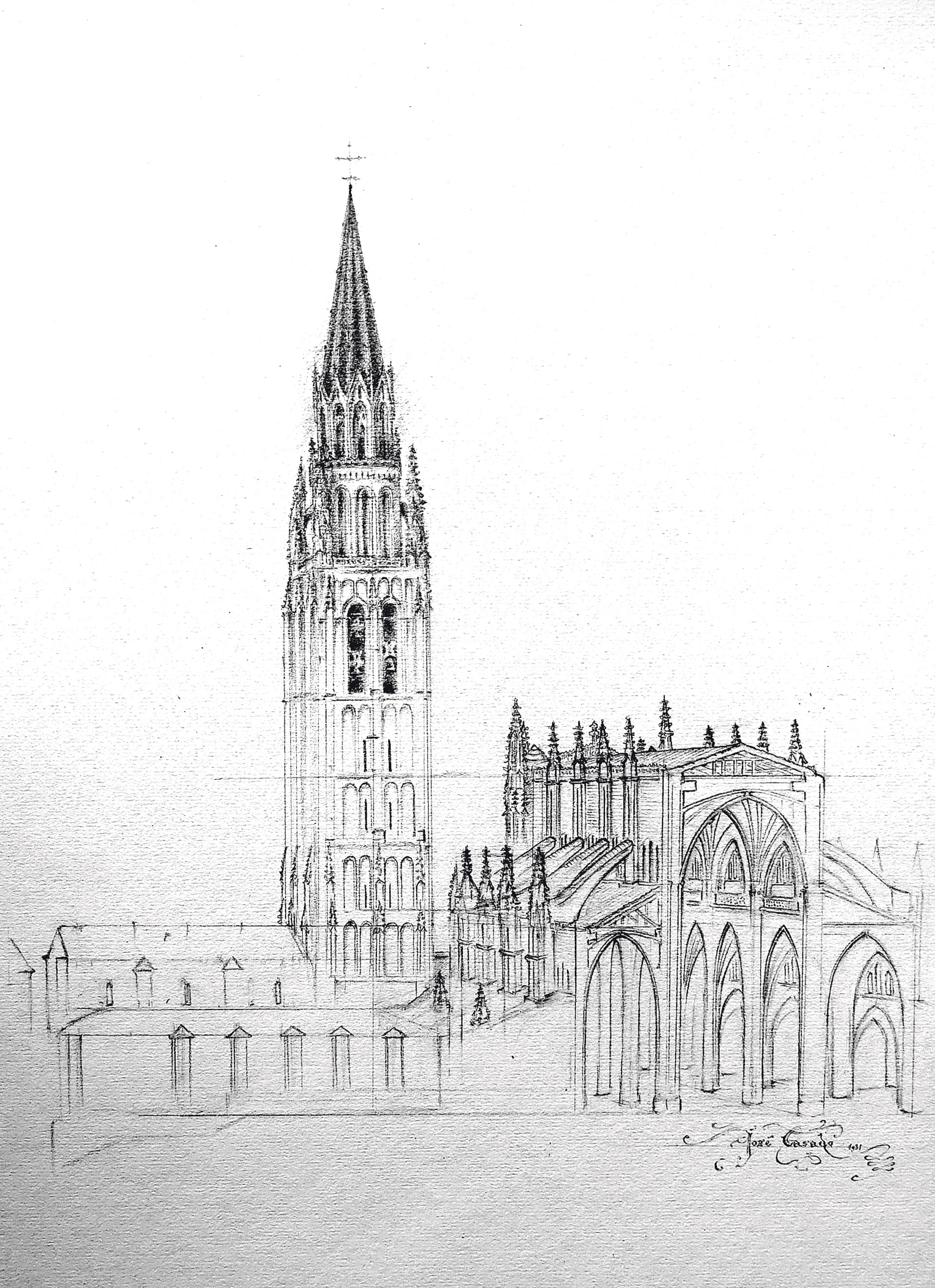 Posible aspecto de la torre de la catedral de Segovia hacia 1614, antes de sufrir el incendio en el chapitel debido a la caída de un rayo. / ILUSTRACIÓN DE José Casado Rueda. 2019