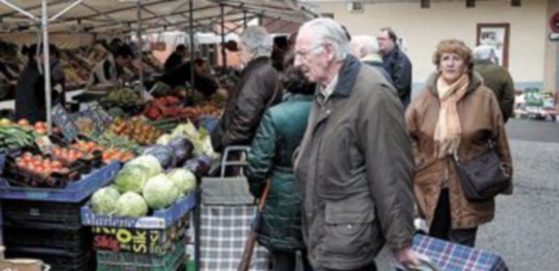 Compradores y uno de los puestos del mercado al aire libre del pasado sábado en la capital segoviana. / Juan Martín