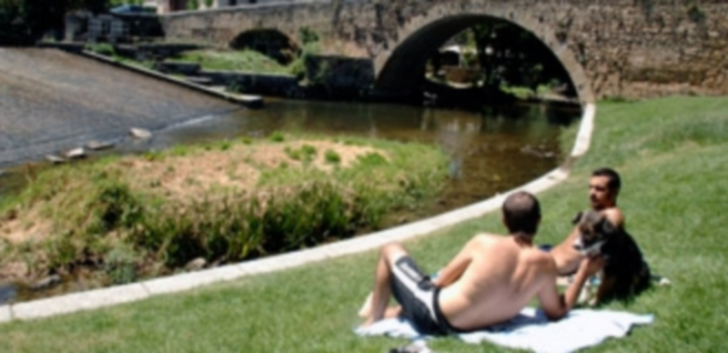 Dos jóvenes disfrutan con un perro del césped situado junto al puente de la Casa de la Moneda. / Juan Martín
