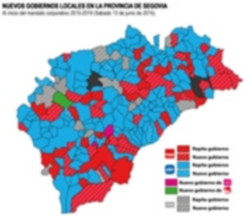 La inestabilidad política amenaza a una docena de municipios segovianos 1 Mapa geopolítico de los ayuntamientos segovianos tras las elecciones municipales del 24 de mayo y los pactos surgidos posteriormente. /SÁlvaro serrano del Pino