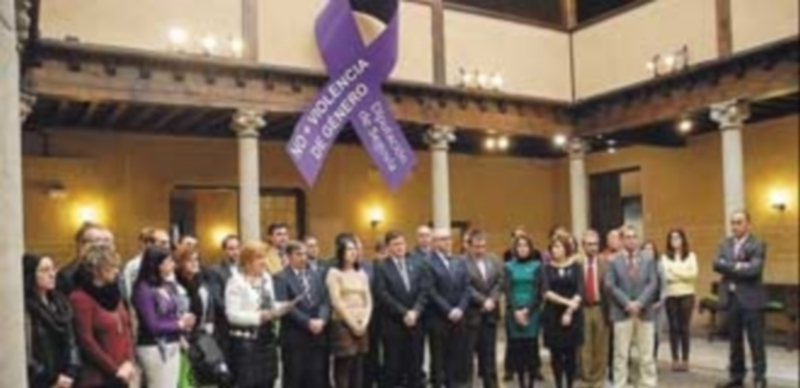 La corporación provincial se concentró un minuto ayer ante el lazo instalado en el Patio de Columnas. / El Adelantado