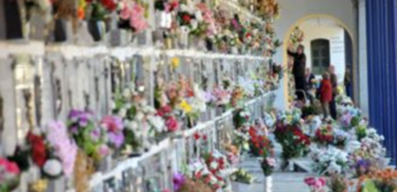 Un grupo de personas adecenta un nicho en en cementerio del Santo Ángel de la Guarda de Segovia