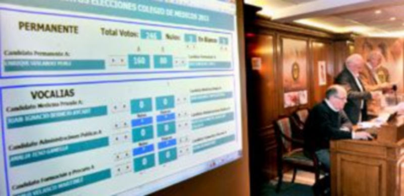 Imagen del escrutinio que fue seguido con detalle por los candidatos a través de dos pantallas instaladas en el salón de actos de la sede colegial. / Kamarero