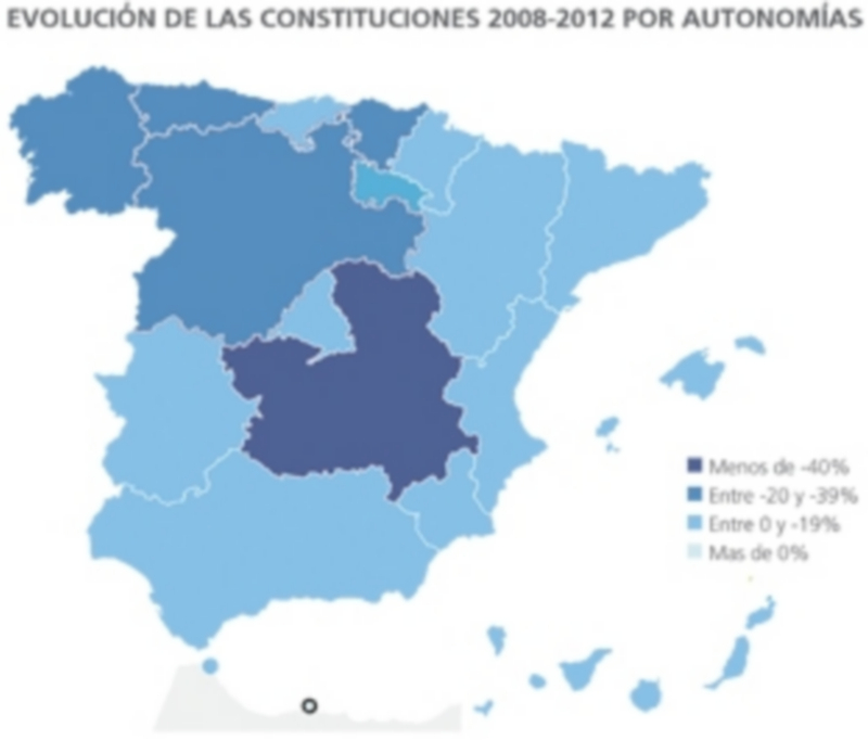 Evolución de las constituciones de sociedades en el periodo 2008-2012 por comunidades autónomas. / FUENTE: informa D&B