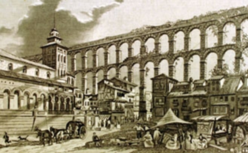 Grabado del Azoguejo en el que se aprecia la iglesia románica