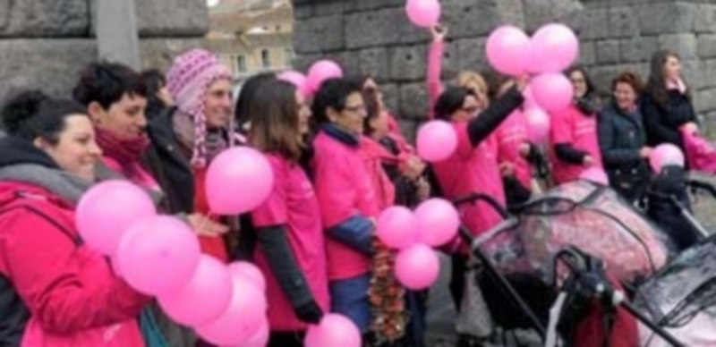 Las matronas de Segovia posaron vestidas de rosa en el Azoguejo. / Kamarero