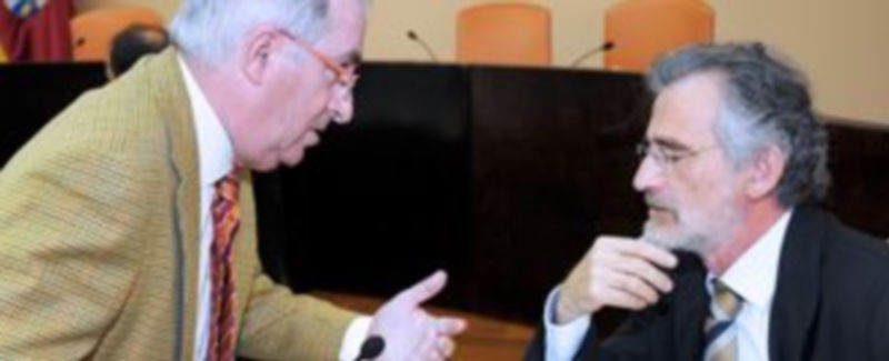 El presidente de la Diputación conversa con el portavoz del grupo socialista antes de iniciar la sesión de pleno. / Kamarero