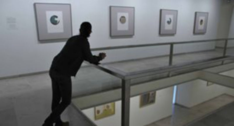 Una personas observa detenidamente la muestra que acoge el Museo Esteban Vicente hasta octubre. / Juan Martín