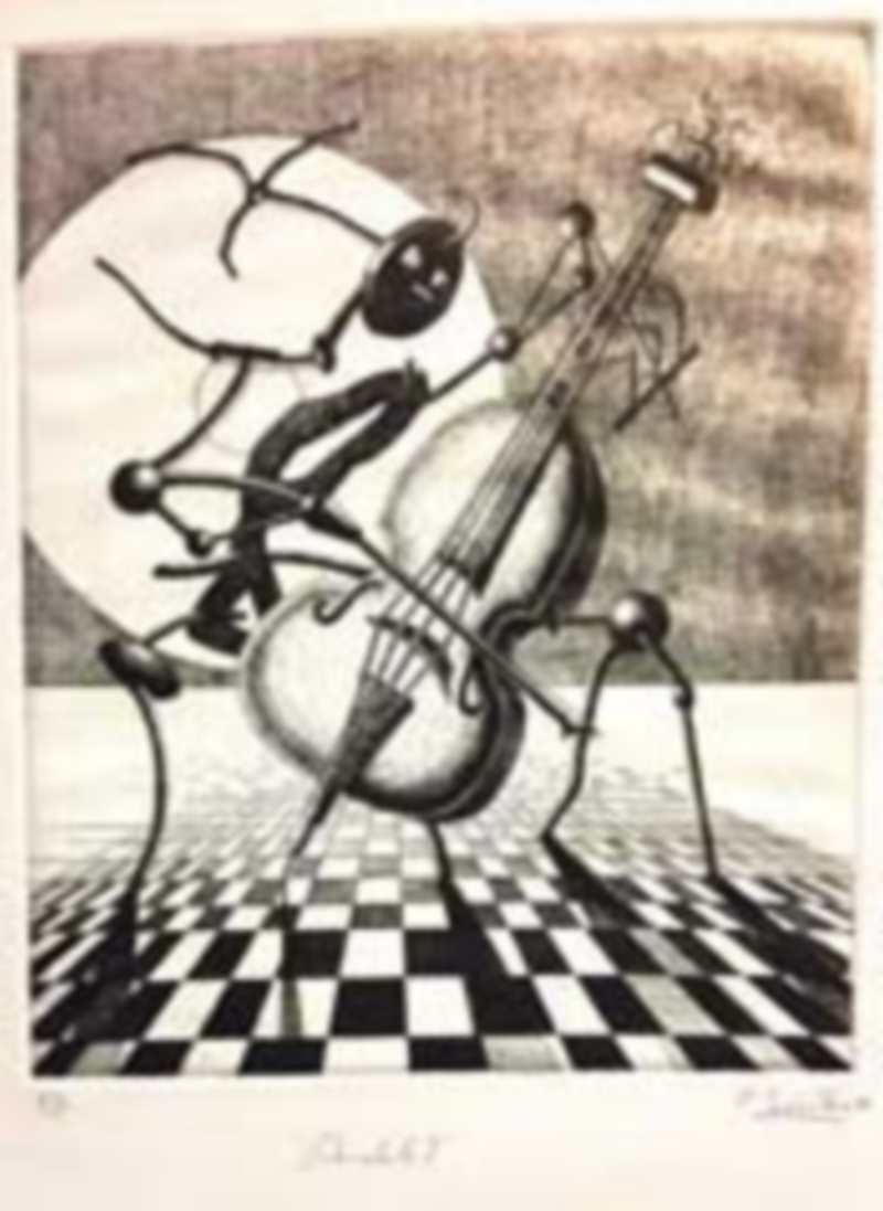 Blanco Blanco. Violonchelista. Aguafuerte. 18 x 22 cms.