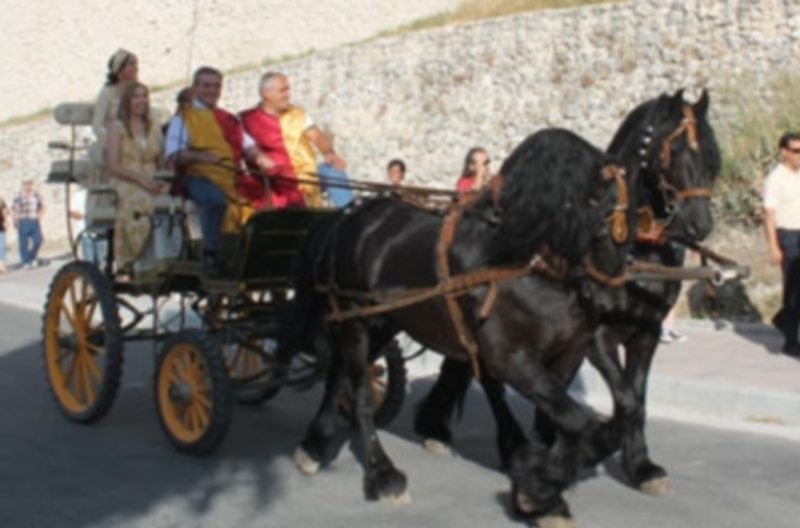 Calesa con la Corregidora y las damas de las fiestas 2014 a su paso en el cortejo real hasta el Parque de la Huerta del Duque. / C.N.
