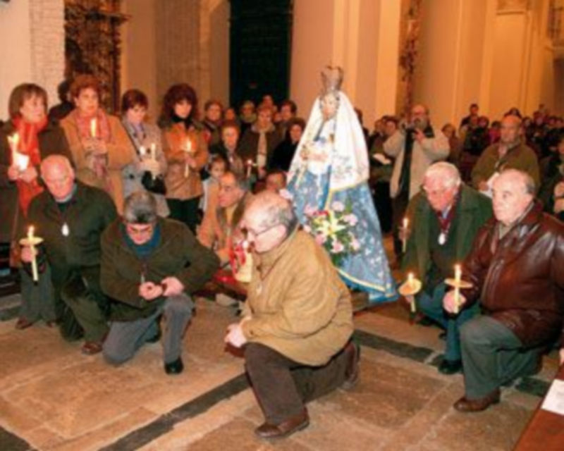 Los cofrades se arrodillan con la imagen de la Virgen en 2009. / Gabriel Gómez