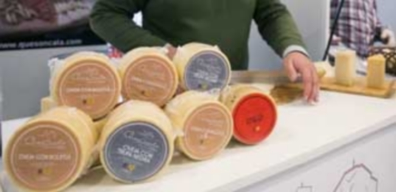 Un joven corta queso en uno de los expositores del XI Salón Aragonés del Turismo