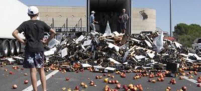 Agricultores franceses destruyen la carga de un camión español que transporta fruta y verduras el pasado jueves en Senas. / Efe
