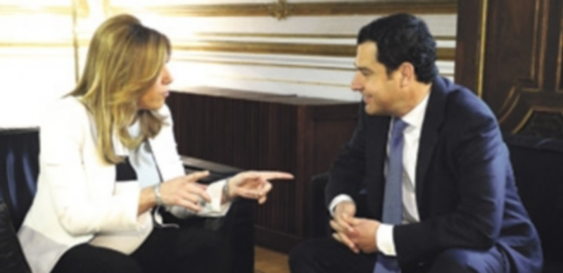 Susana Díaz convoca la última ronda con los grupos para lograr la investidura 1 Susana Díaz en la última reunión mantenida con Juanma Moreno (PP). / Efe