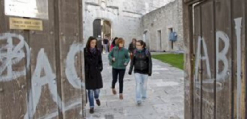 Pintadas realizadas en la puerta del Castillo sede del IES Duque de Alburquerque. / Gabriel Gómez