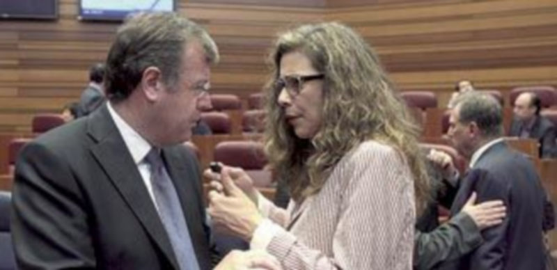 Antonio Silván conversa con la procuradora socialista Ana Muñoz de la Peña en el Pleno de las Cortes. / Miriam Chacón (ICAL)