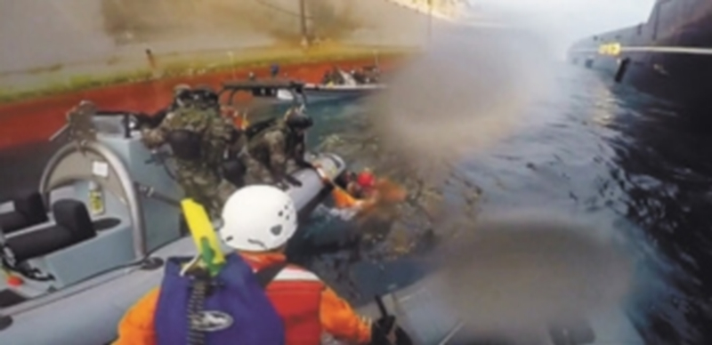 Momento en que efectivos de la Armada rescatan a la activista de la organización ecologista que cayó al agua. / EFE