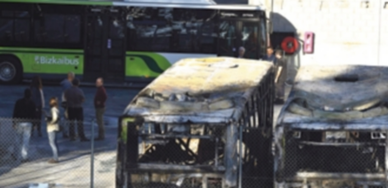 Un incendio provocado calcina ocho autobuses de Bizkaibus en Vizcaya 1 Ocho autobuses de la empresa de transporte público Bizkaibus se vieron afectados por el sabotaje en Derio. / Efe