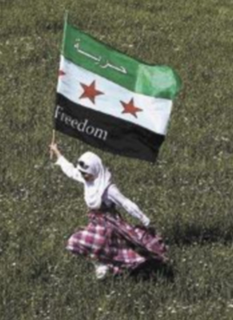 Una joven porta una bandera siria con el lema ‘Libertad’