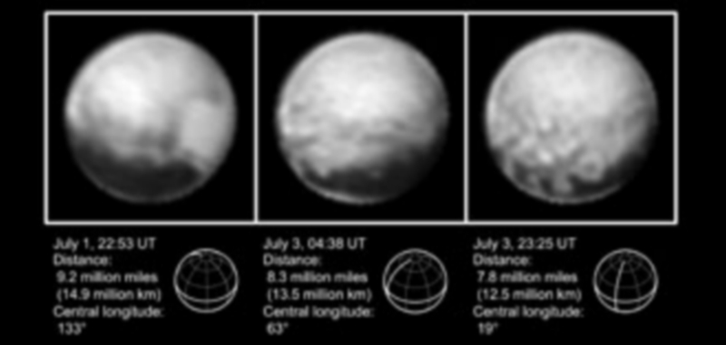La nave New Horizons envía nuevas imágenes del planeta enano Plutón 1 Las tres imágenes fueron investigadas y sus datos completados por las nuevas capturas en color que detallan los “aspectos intrigrantes” para los cientificos. / EFE