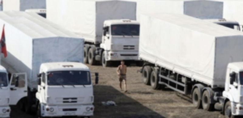 Uno de los conductores camina entre los camiones aparcados en un alto en el camino hacia el Este de Ucrania. / Efe