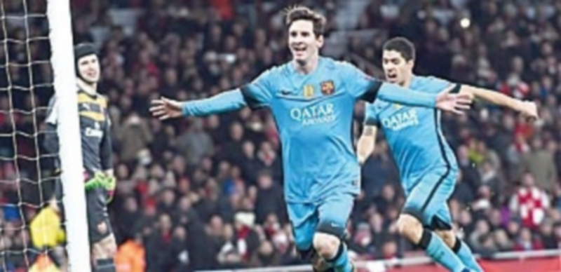 Messi celebra su segundo gol en el partido de ida ante el Arsenal
