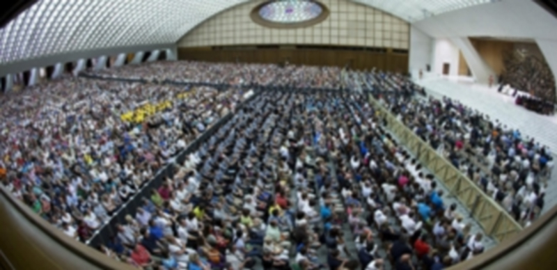 Imagen tomada con un ojo de pez que muestra el público que asistió ayer a la audiencia semanal del Papa Francisco en el interior del Aula Nervi del Vaticano. / Efe