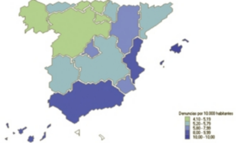 Mapa del número de denuncias por habitantes. Comunidades autónomas