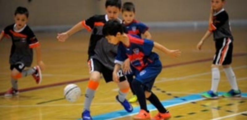 El recuerdo brilla desde la base 1 Dos jugadores disputan un balón en el encuentro de la categoría prebenjamín entre la Gimnástica Segoviana y el CD Segosala en el pabellón Pedro Delgado./ KAMARERO