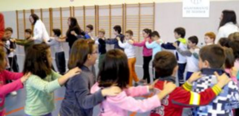Un grupo de escolares realizan un ejercicio en el pabellón Emperador Teodosio durante el pasado curso. / El Adelantado