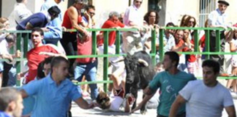 Un corredor cae ante una de las reses en el encierro/JUAN MARTÍN