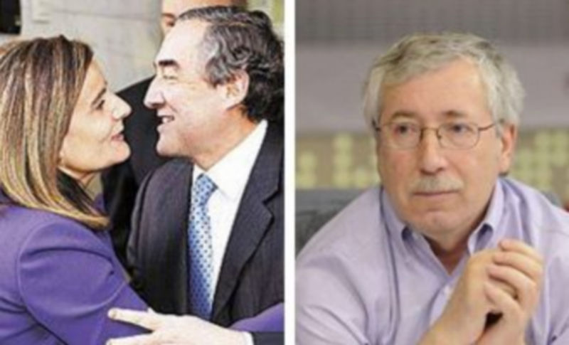 Juan Rosell y Fátima Báñez en una imagen de archivo (izq.) y Fernández Toxo hoy en una entrevista en RNE./ EUROPA PRESS