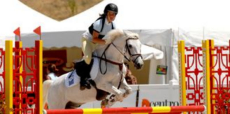 Una amazona realiza salta un obstáculo a lomos de su caballo durante una prueba celebrada ayer en el Campeonato de España de Ponis. /Alberto Benavente