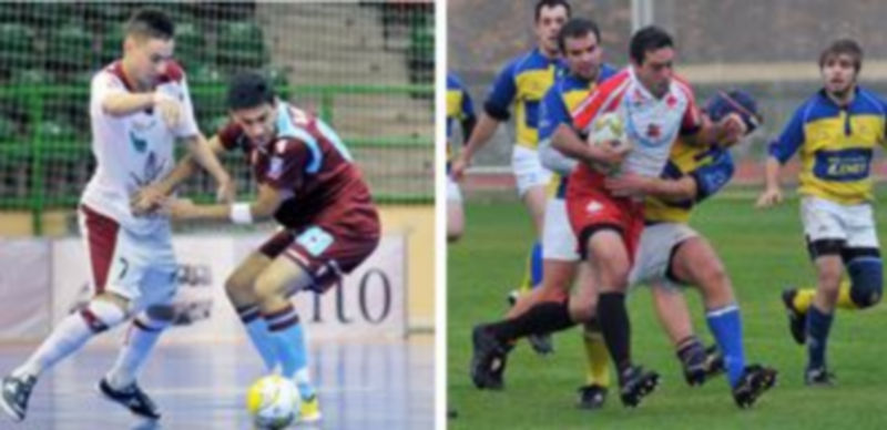 Un jugador del Lobelle trata de frenar la progresión de Antoñito. El jugador del Azulejos Tabanera sufre el placaje de un contrario. / Juan Martín y Kamarero