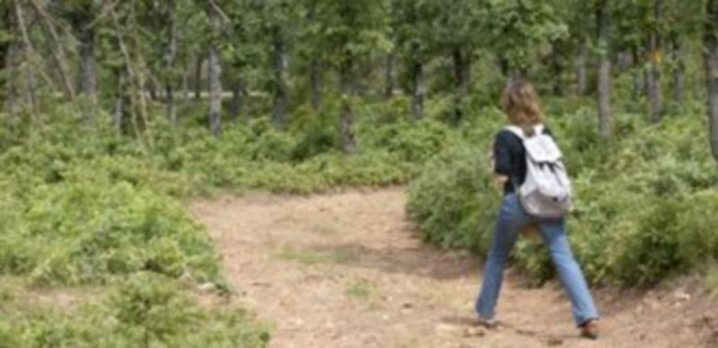 Una joven camina por un paraje situado en las Hoces del río Duratón. La Guía Repsol recomienda este espacio para disfrutar de sus características en moto. / Juan Martín.