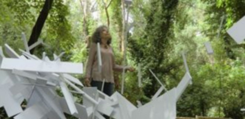 La artista segoviana Fuencisla Francés observa su instalación ‘Punto de fuga’ ubicada en la Alameda del Parral. / El Adelantado