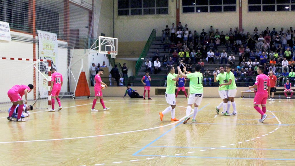 Los jugadores del Naturpellet Cuéllar celebran un gol en el pabellón de Santa Clara. / JAVIER PASCUAL