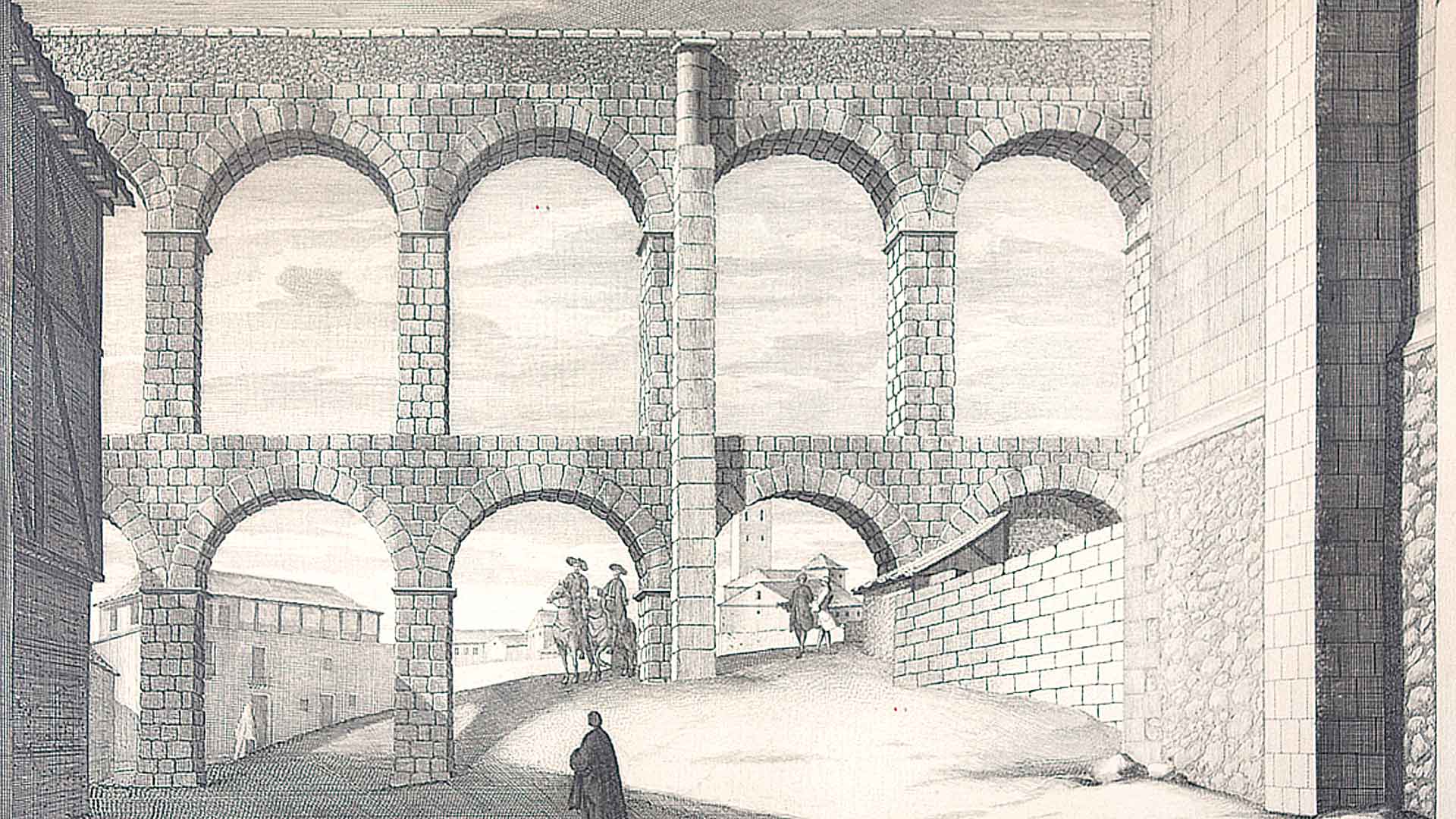 “VISTA DEL AQUEDUCTO DE SEGOVIA POR UN LADO DEL CONVENTO DE S. FRANCISCO” por DIEGO VILLANUEVA y VÍCTOR UGARTE. 1757. Colección Fundación Caja Segovia.