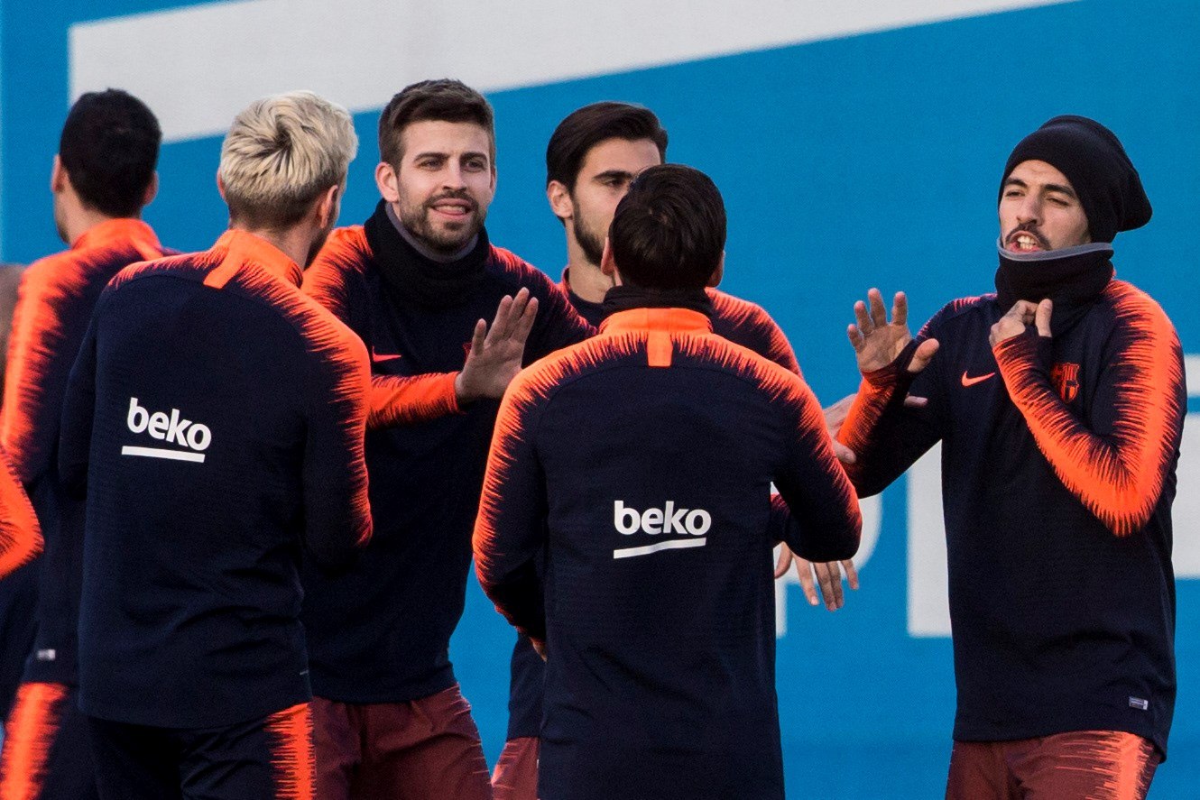 Los jugadores del FC Barcelona, durante el último entrenamiento.