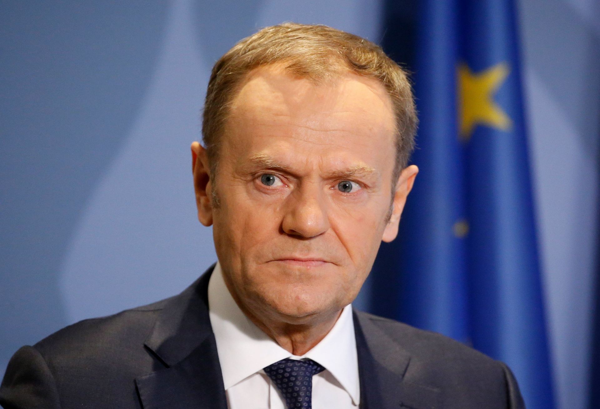 El presidente del Consejo Europeo, Donald Tusk, mientras ayer atiendía a los medios en una rueda de prensa.