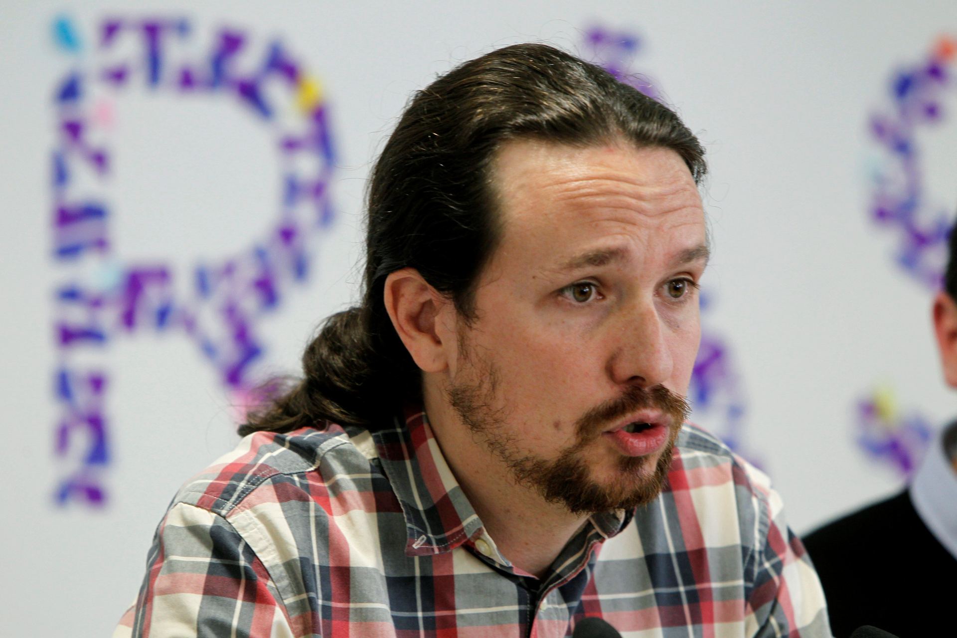 El líder de Podemos, Pablo Iglesias, durante la rueda de prensa.