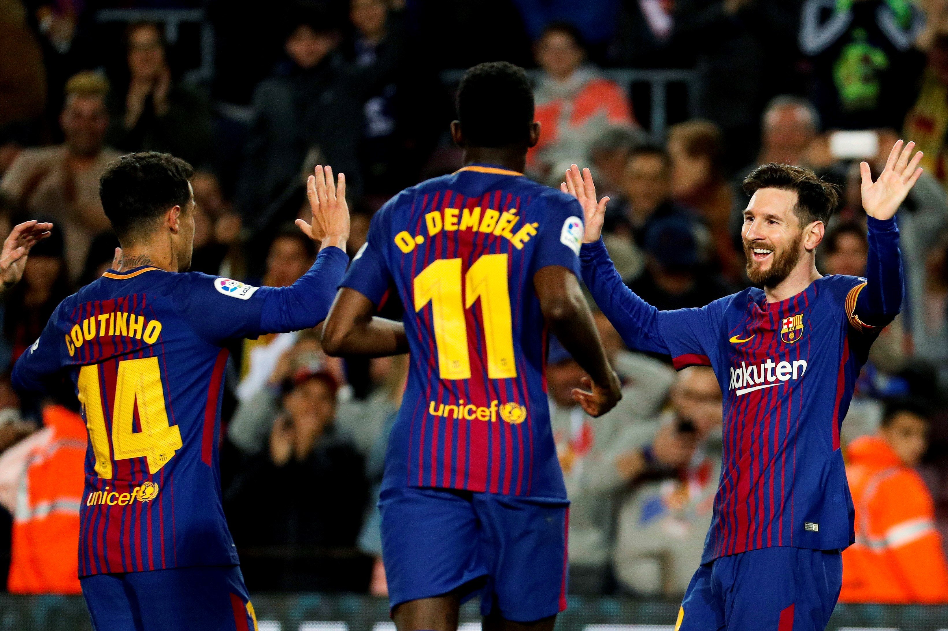 El jugador del FC Barcelona Leo Messi celebra uno de los tres goles conseguidos ante el Leganés en el Camp Nou.