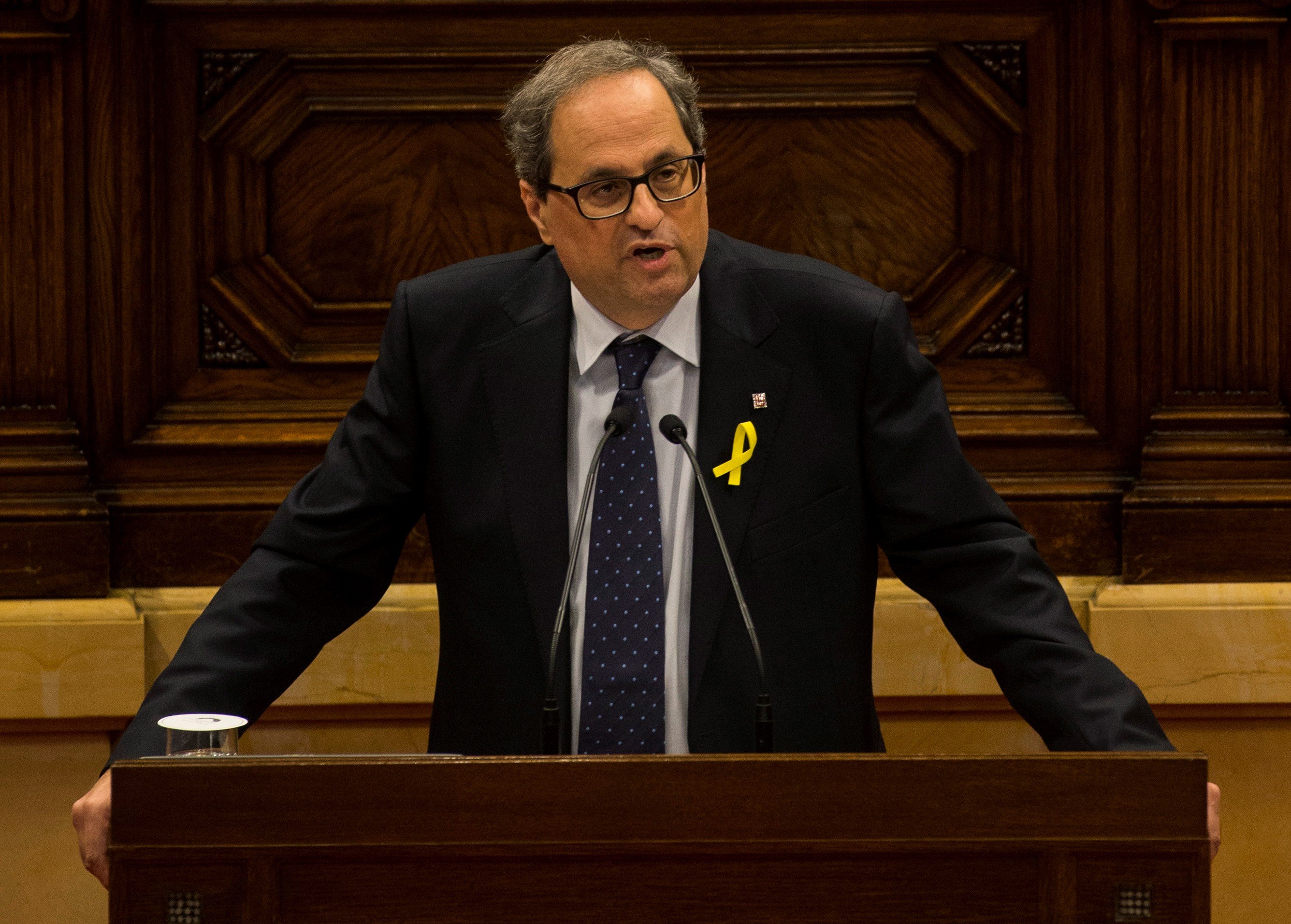 El candidato de JxCat a ser investido presidente de la Generalitat, Quim Torra, durante su discurso del sábado.