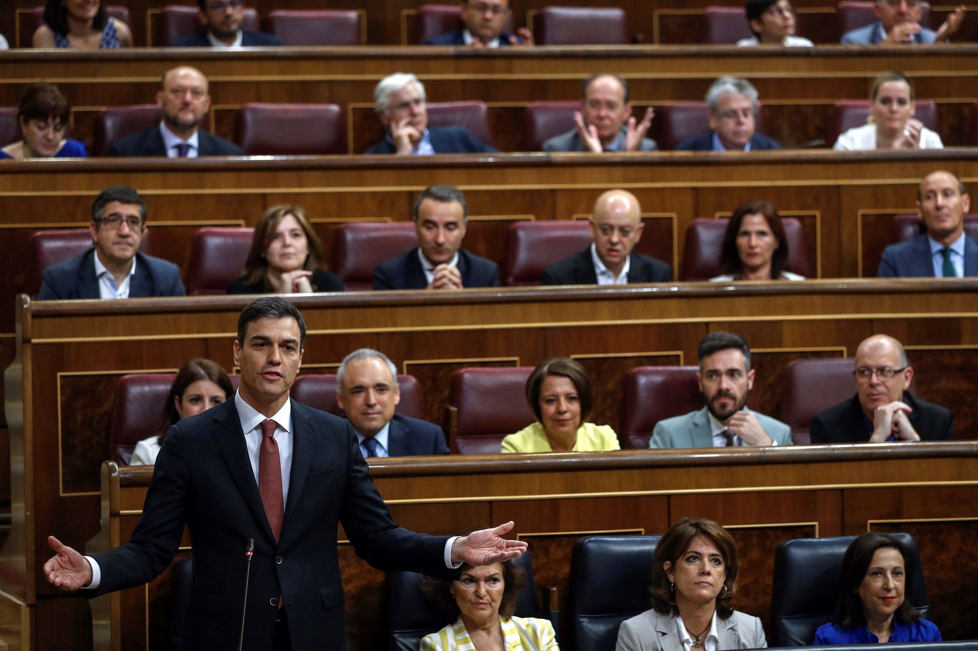 El presidente del gobierno Pedro Sánchez, durante su primera sesión de control en el Congreso de los Diputados.