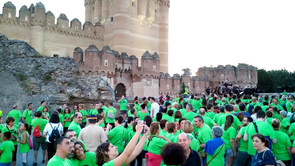De marcha bajo la luna llena de Coca 1 Los marchadores, en torno al emblema de la villa, el Castilla de Coca. / nerea llorente