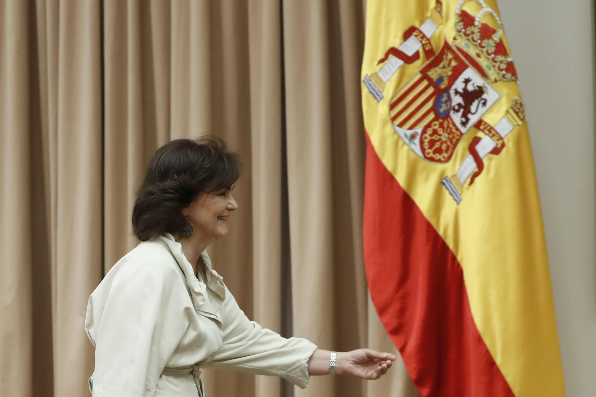 La vicepresidenta del Gobierno, Carmen Calvo, durante su comparecencia en el Congreso.