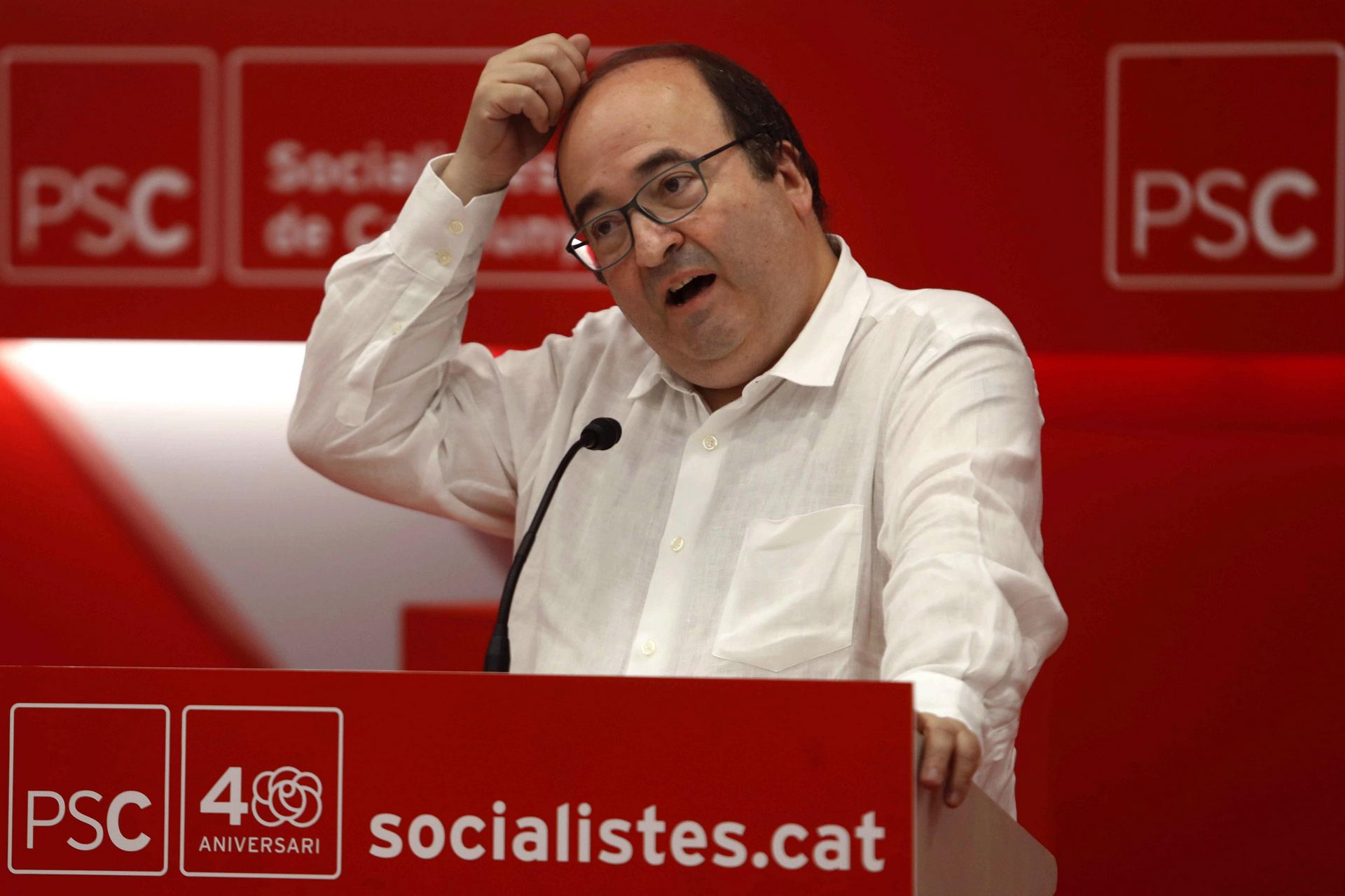 El primer secretario del PSC, Miquel Iceta, durante la rueda de prensa que ofreció ante los medios.