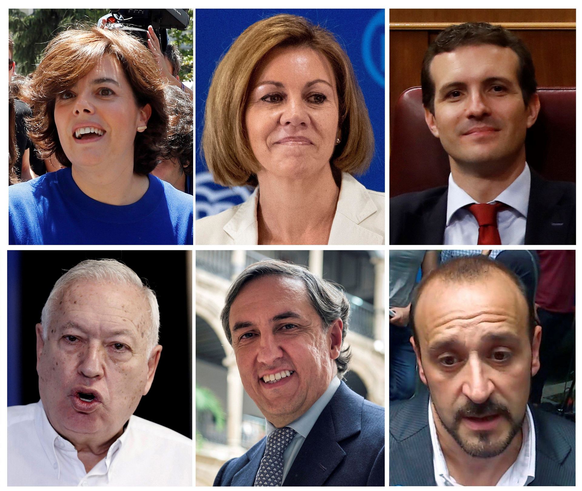 Los seis precandidatos para liderar el Partido Popular (izda a dcha, de arriba a abajo); Soraya Sáenz de Santamaría, María Dolores de Cospedal, Pablo Casado, José Manuel García Margallo, José Ramón García Hernández y Elio Cabanes.