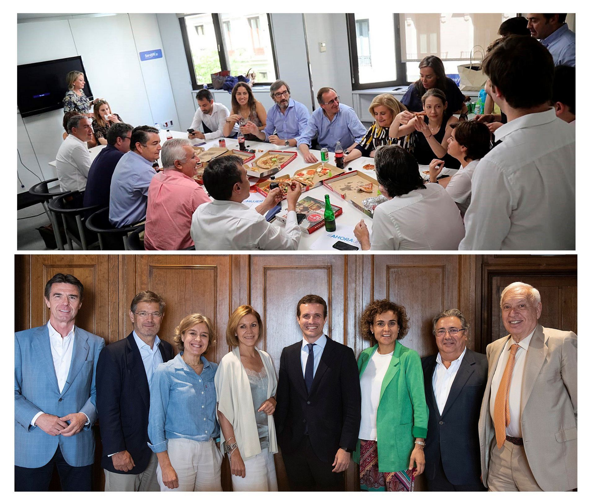 Santamaría (arr) junto a sus principales apoyos comiendo pizza en Génova mientras Casado (ab) compartió mantel con varios exministros de Rajoy.