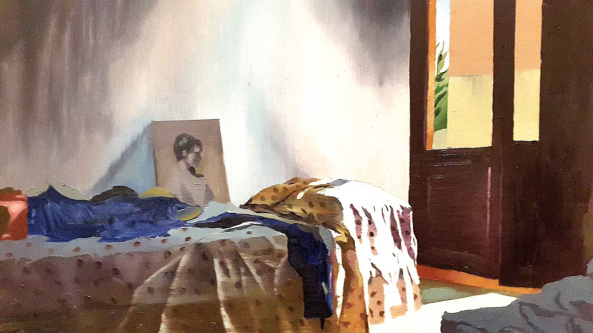 Habitación 3 (60 x 100 cm.), acrílico y óleo sobre tela , de Marcos Barrientos Soriano (medalla de plata) de la Facultad de Bellas Artes de la Universidad de Málaga.